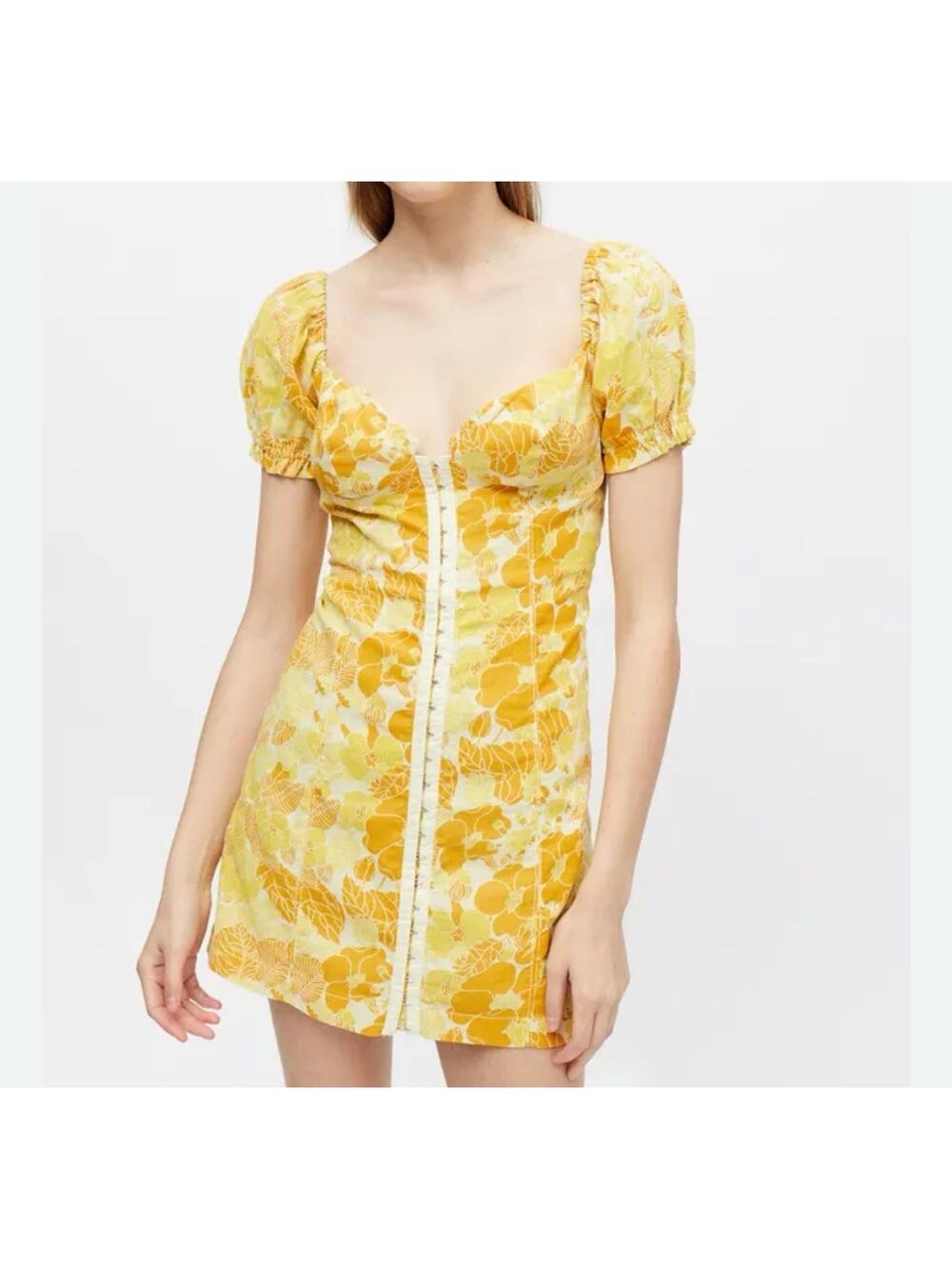 Urban Outfitters Mini Dress Size XS Yellow Floral Print Britney Hook and Eye UO